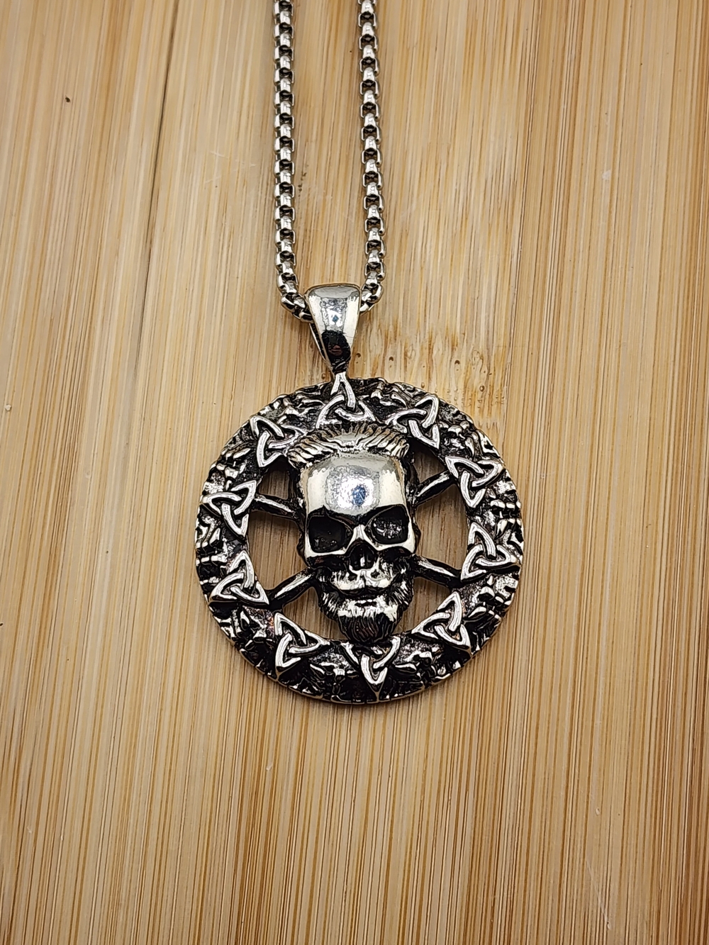 23in Silver Tone Skull & Knot Pendant Necklace - Gothic Jewelry 0603